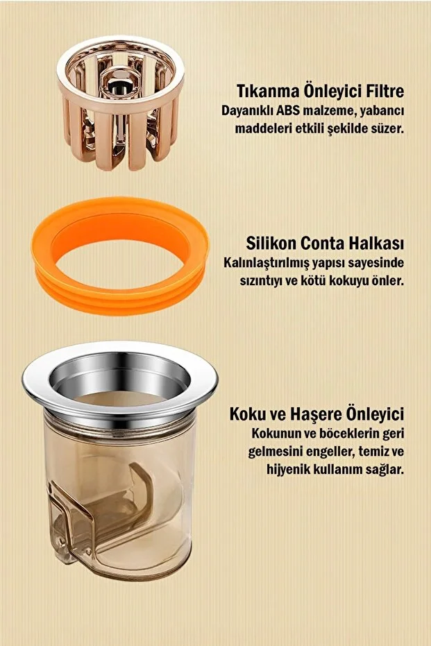 Filtre, silikon conta ve koku önleyici gövde